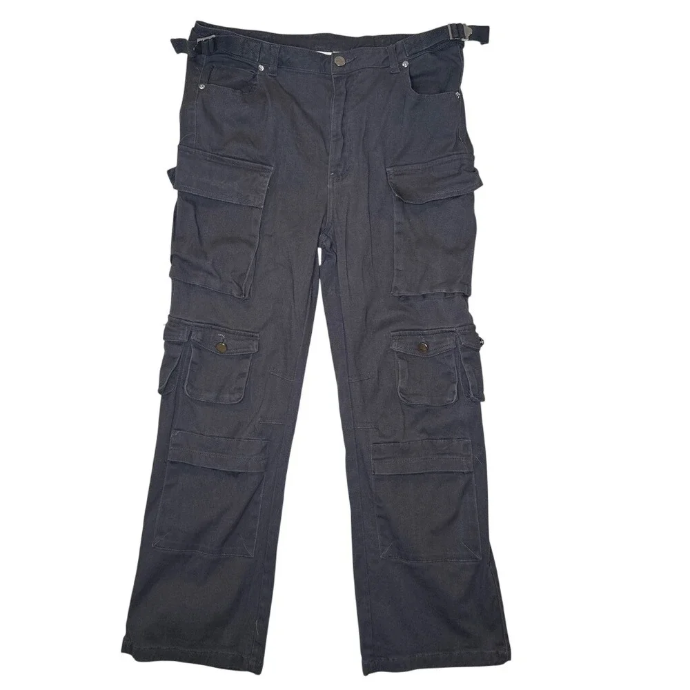 Y2K 90s Quiet Luxury Cargo Pants Black Multi Pocket Utility Wide Leg LARGE - Picture 3 of 9